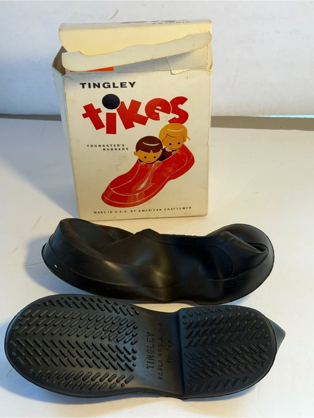 Vintage In Original Box Tingley Tikes Children’s Rubber Overshoe Black 8- 9 1/2